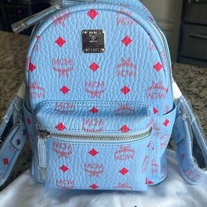 MCM Backpack- Light blue w/red MCM logo- Brand new-never used.